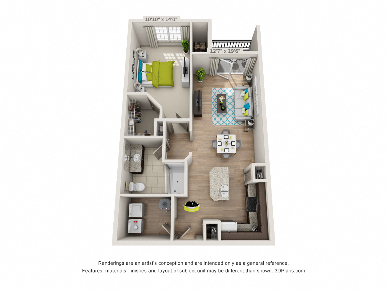 Floor plan for 1 bed, 1 bath, 849 sqft